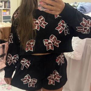 Black Sweater and Shorts Set with Red Football Bow Pattern
